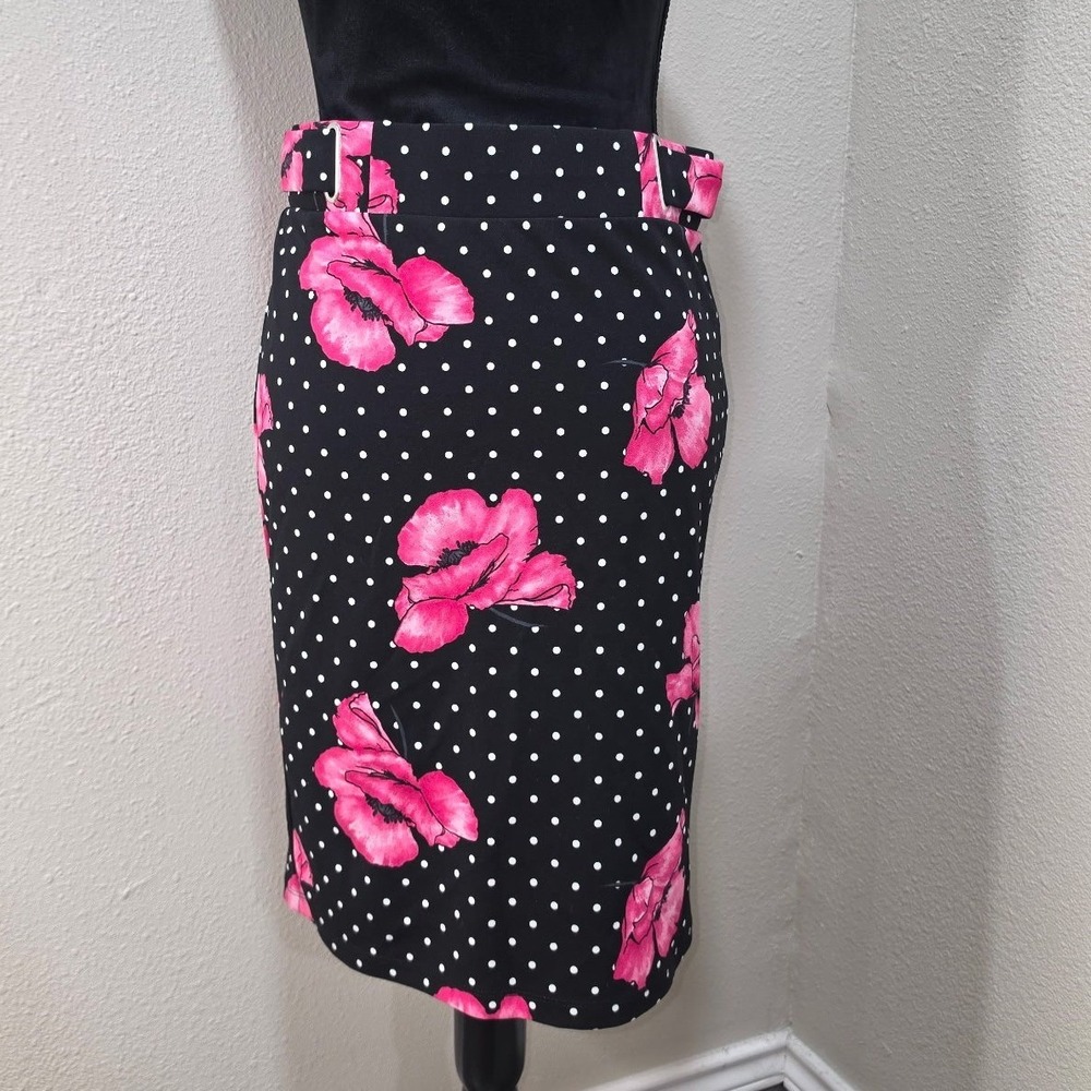 Messini Black Pink Floral Polka Dot Pencil Skirt Side Buckle Size S